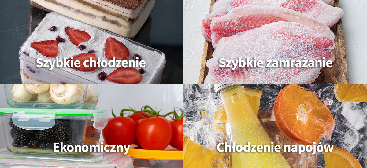 Cztery zdjęcia przedstawiające różne funkcje chłodzenia: zamrożone truskawki z napisem \'Szybkie chłodzenie\', zamrożone mięso z napisem \'Szybkie zamrażanie\', pojemniki z warzywami z napisem \'Ekonomiczny\', oraz butelka z napojem i pomarańcza z napisem \'Chłodzenie napojów\'.
