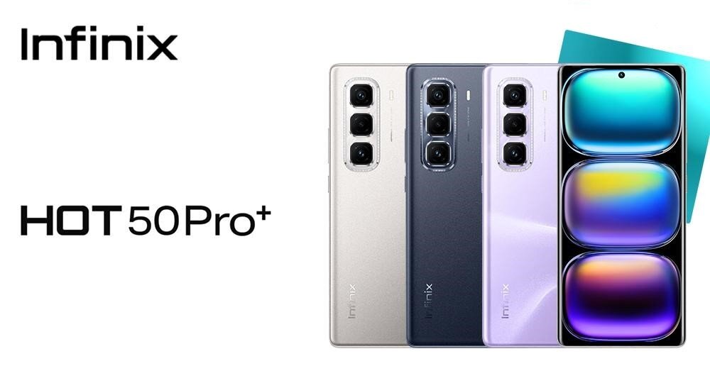 Na obrazie widoczne są cztery smartfony Infinix w różnych kolorach, ustawione obok siebie. Po lewej stronie znajduje się tekst: \'Infinix HOT 50 Pro+\'.