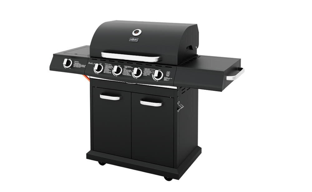Czarny grill ogrodowy gazowy z czterema pokrętłami do regulacji temperatury i dwoma półkami bocznymi. Na pokrywie znajduje się termometr oraz logo producenta.