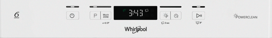 Panel sterowania zmywarki z wyświetlaczem pokazującym czas 3:43, przyciskami funkcyjnymi oraz logo Whirlpool. Widoczne są oznaczenia takie jak \'6th Sense\', \'PowerClean\' i \'MultiZone\'.