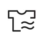 Ikona przedstawiająca czarny kontur koszulki z dwoma falistymi liniami poniżej, symbolizująca suszenie lub przepływ powietrza.