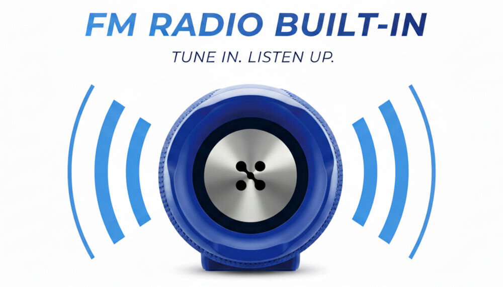 Głośnik przenośny Xmusic z wbudowanym radiem FM, widoczny od strony membrany z neonowym podświetleniem LED i napisem „Listen anywhere. Built-in FM Radio.”>
</div>
</div>
</div>
<div class=