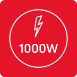 Czerwony kwadrat z białym okręgiem, wewnątrz którego znajduje się symbol błyskawicy nad napisem \'1000W\'.