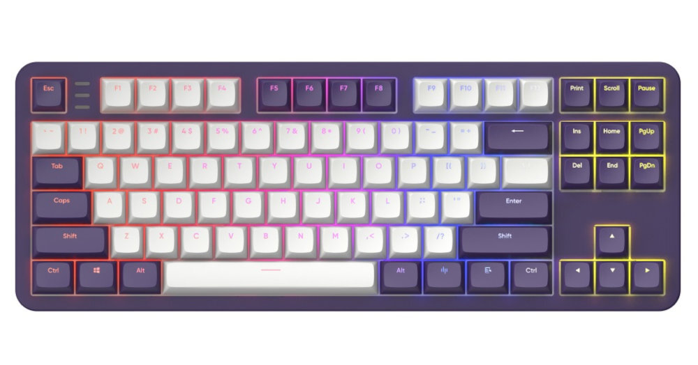 Klawiatura mechaniczna z białymi klawiszami i kolorowym podświetleniem RGB. Obudowa jest ciemna, a klawisze funkcyjne i strzałki są wyróżnione kolorowymi obramowaniami.