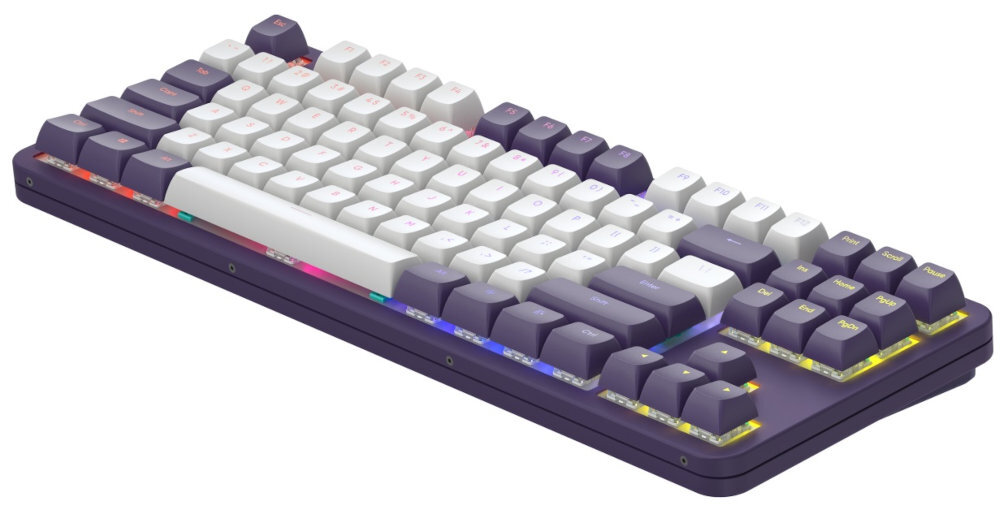 Klawiatura mechaniczna z fioletową obudową i białymi klawiszami, posiada podświetlenie RGB pod klawiszami.