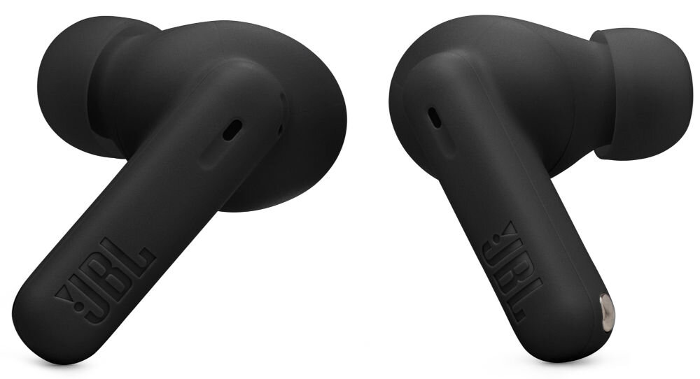 Na obrazie widoczne są czarne słuchawki dokanałowe z logo JBL na obudowie. Słuchawki mają nowoczesny design z gładką powierzchnią.