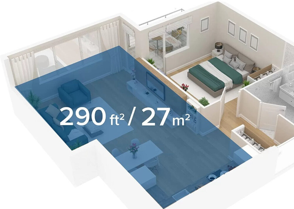 Wizualizacja mieszkania z zaznaczoną niebieską strefą o powierzchni 290 ft² / 27 m². W pomieszczeniu znajdują się meble, takie jak sofa, stół i łóżko.