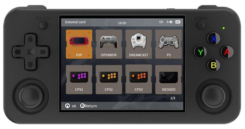 Czarna konsola przenośna z ekranem wyświetlającym menu z ikonami gier: PSP, OPENBOR, DREAMCAST, PS, CPS1, CPS2, CPS3, NEOGEO. Na konsoli widoczne są przyciski kierunkowe oraz kolorowe przyciski oznaczone literami X, Y, B, A.