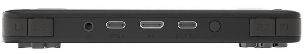 Czarny panel z przyciskami oznaczonymi jako L1, L2, R2, R1 oraz portami oznaczonymi jako OTG, HD, DC/OTG2 i F.