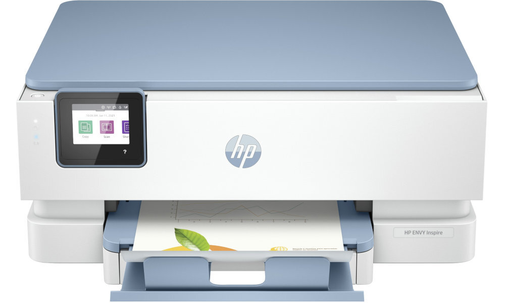 Urządzenie wielofunkcyjne z wyświetlaczem dotykowym po lewej stronie i logo HP na przednim panelu. W dolnej części widoczna jest taca z wydrukowanym kolorowym dokumentem.
