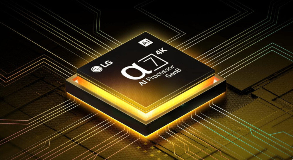 Obraz przedstawia procesor z napisem \'LG α7 AI Processor 4K Gen6\' na tle schematycznych linii przypominających obwody elektroniczne. Procesor jest podświetlony na żółto-pomarańczowo.