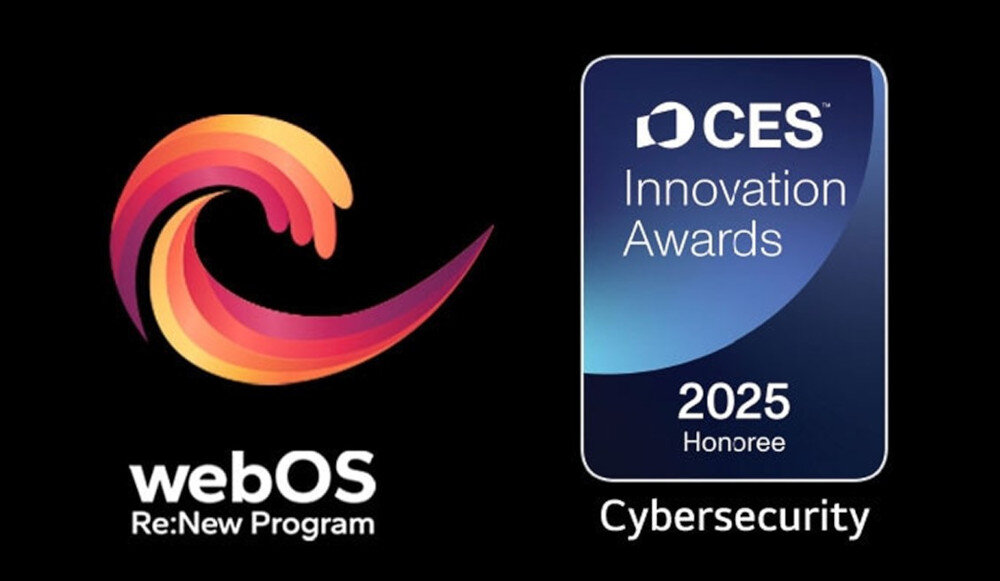 Obraz przedstawia logo \'webOS Re:New Program\' oraz plakietkę \'CES Innovation Awards 2025 Honoree Cybersecurity\'.