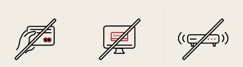 Trzy ikony przedstawiające przekreślone symbole: kartę płatniczą, ekran z napisem \'Subscribe\' oraz urządzenie z falami sygnału.
