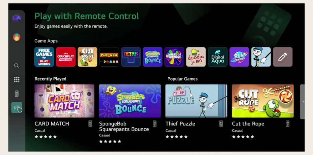 Ekran telewizora pokazuje menu z aplikacjami do gier, z tytułami takimi jak \'FREE GAMES\', \'CUT THE ROPE\', \'PACMAN\', \'TETRIS\', \'SpongeBob Squarepants Bounce\', \'Thief Puzzle\'. Widoczne są sekcje \'Recently Played\' i \'Popular Games\' z ocenami w postaci gwiazdek.