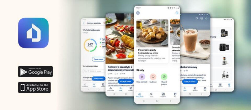 Obraz przedstawia pięć ekranów aplikacji mobilnej z różnymi funkcjami, takimi jak przepisy kulinarne i wartości odżywcze. Po lewej stronie widoczne są ikony Google Play i App Store oraz logo aplikacji.