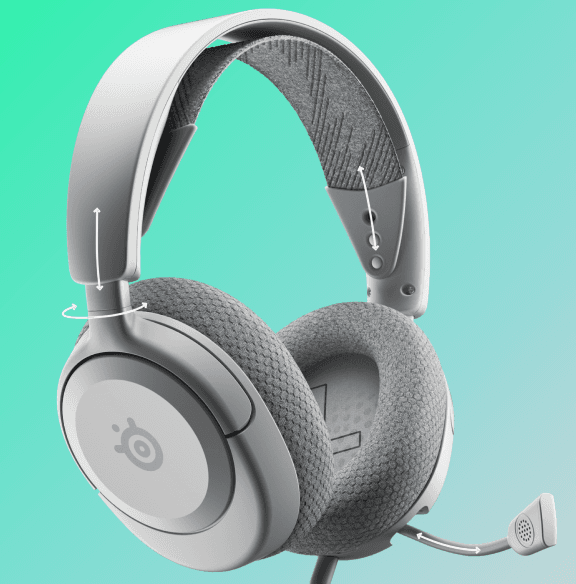 Białe słuchawki nauszne z mikrofonem, z widocznym logo SteelSeries na nauszniku. Na pałąku i nausznikach znajduje się szary materiał, a tło jest w kolorze miętowym.