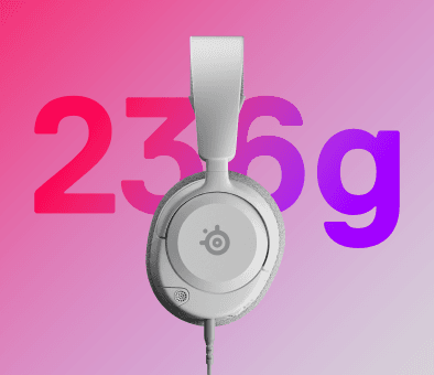 Białe słuchawki na tle gradientu różowo-fioletowego z widocznym napisem \'236g\'.
