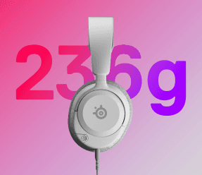 Białe słuchawki na tle gradientu różowo-fioletowego z widocznym napisem \'236g\'.