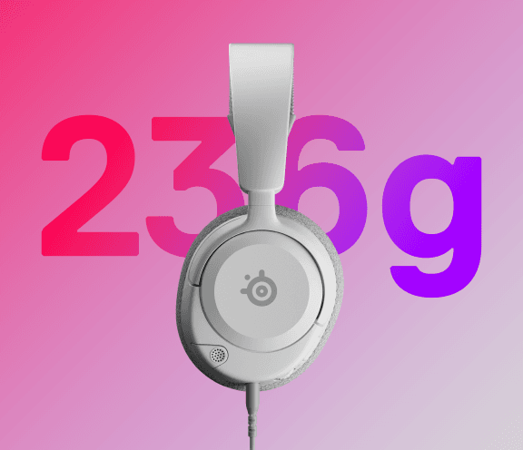 Białe słuchawki na tle gradientu różowo-fioletowego z widocznym napisem \'236g\'.