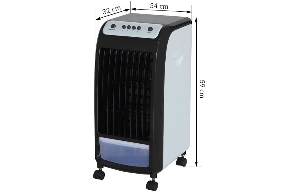 Klimator w kolorze czarno-białym z widocznymi wymiarami: 32 cm, 34 cm, 59 cm. Na górze panel z przyciskami i logo \'Ravanson\'.