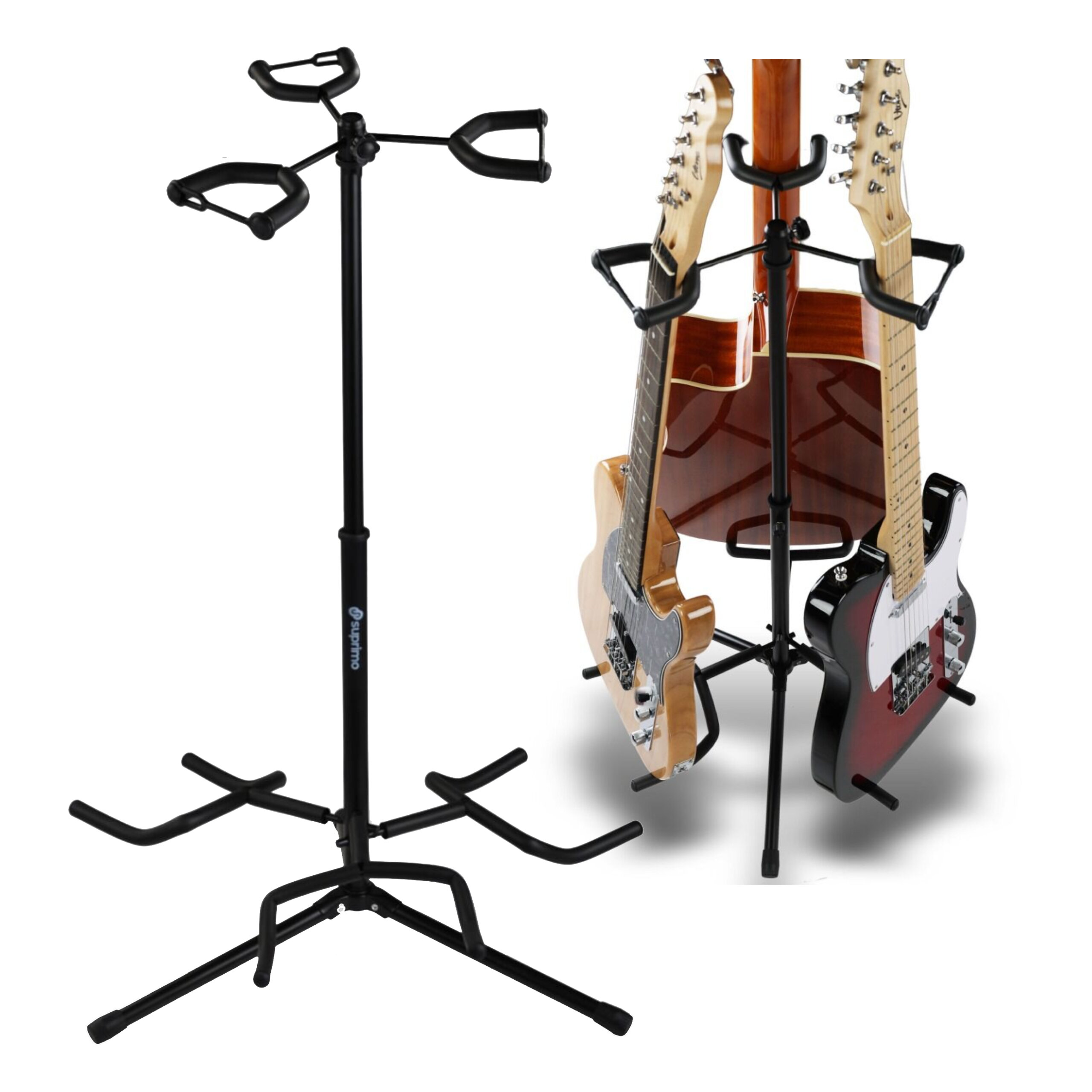 Czarny, stalowy stojak na trzy gitary, wolnostojący i składany, z widocznymi trzema gitarami umieszczonymi na nim. Na stojaku znajduje się logo producenta.