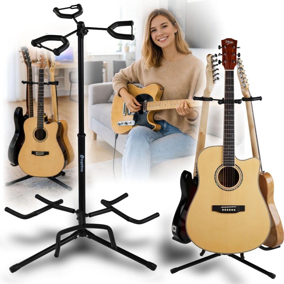 Na obrazie widoczny jest czarny, stalowy stojak gitarowy na 3 gitary, z umieszczonymi na nim trzema gitarami akustycznymi. Obok stoi osoba trzymająca gitarę elektryczną, siedząca na sofie w jasnym wnętrzu.
