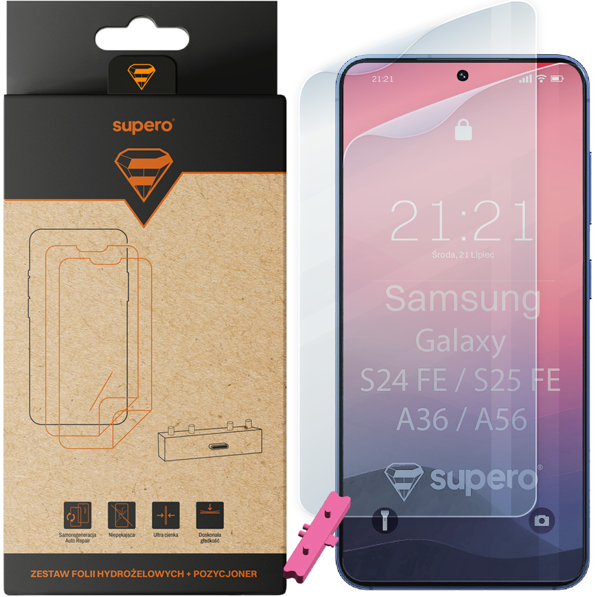 Opakowanie z napisem \'supero\' zawiera zestaw folii hydrożelowych z pozycjonerem, a obok widoczny jest telefon z nałożoną folią ochronną. Na ekranie telefonu widnieje tekst: \'21:21 Środa, 21 Lipiec Samsung Galaxy S24 FE / S25 FE A36 / A56\'.