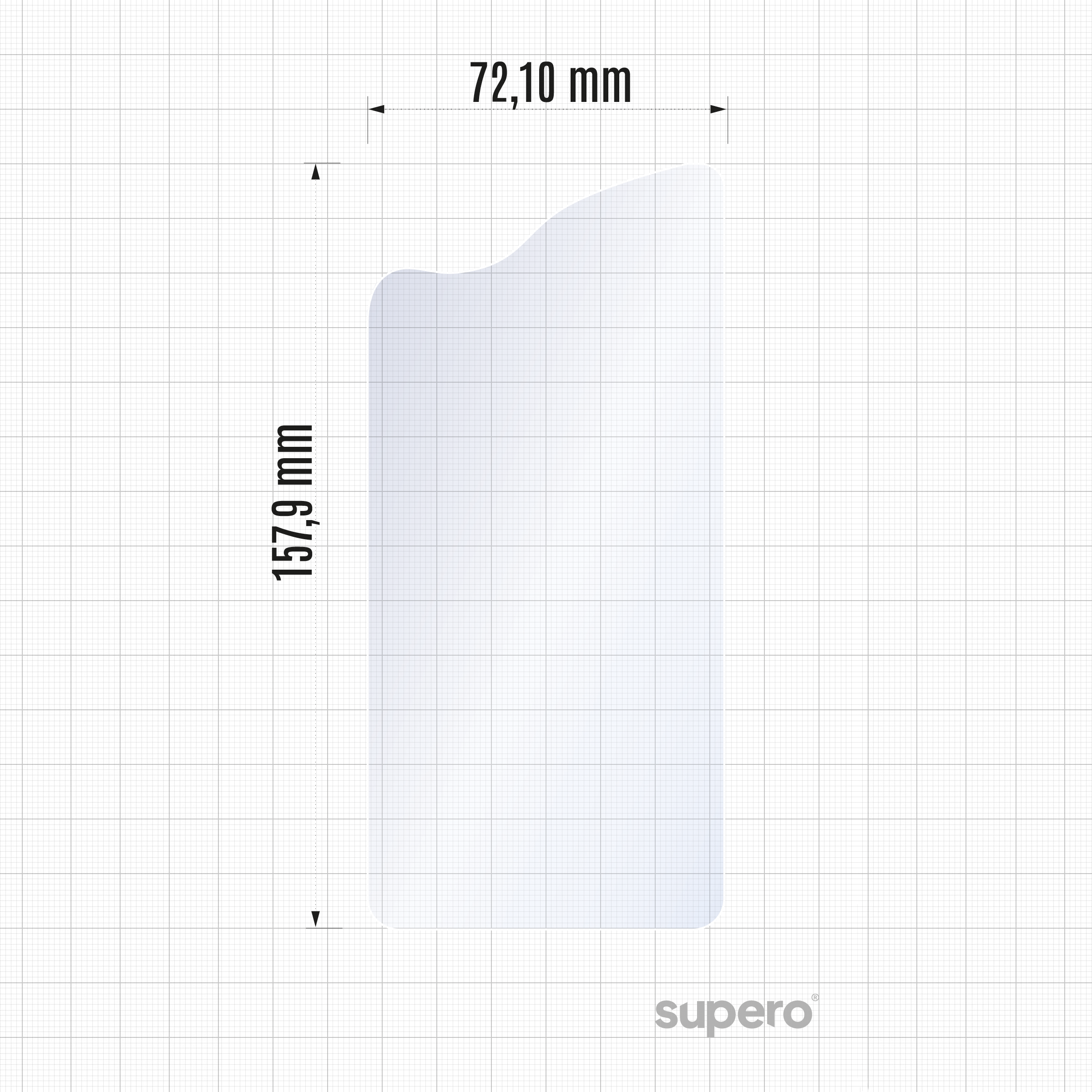 Obraz przedstawia przezroczystą folię o wymiarach 72,10 mm na 157,9 mm na tle siatki. W prawym dolnym rogu widoczne jest logo \'supero\'.