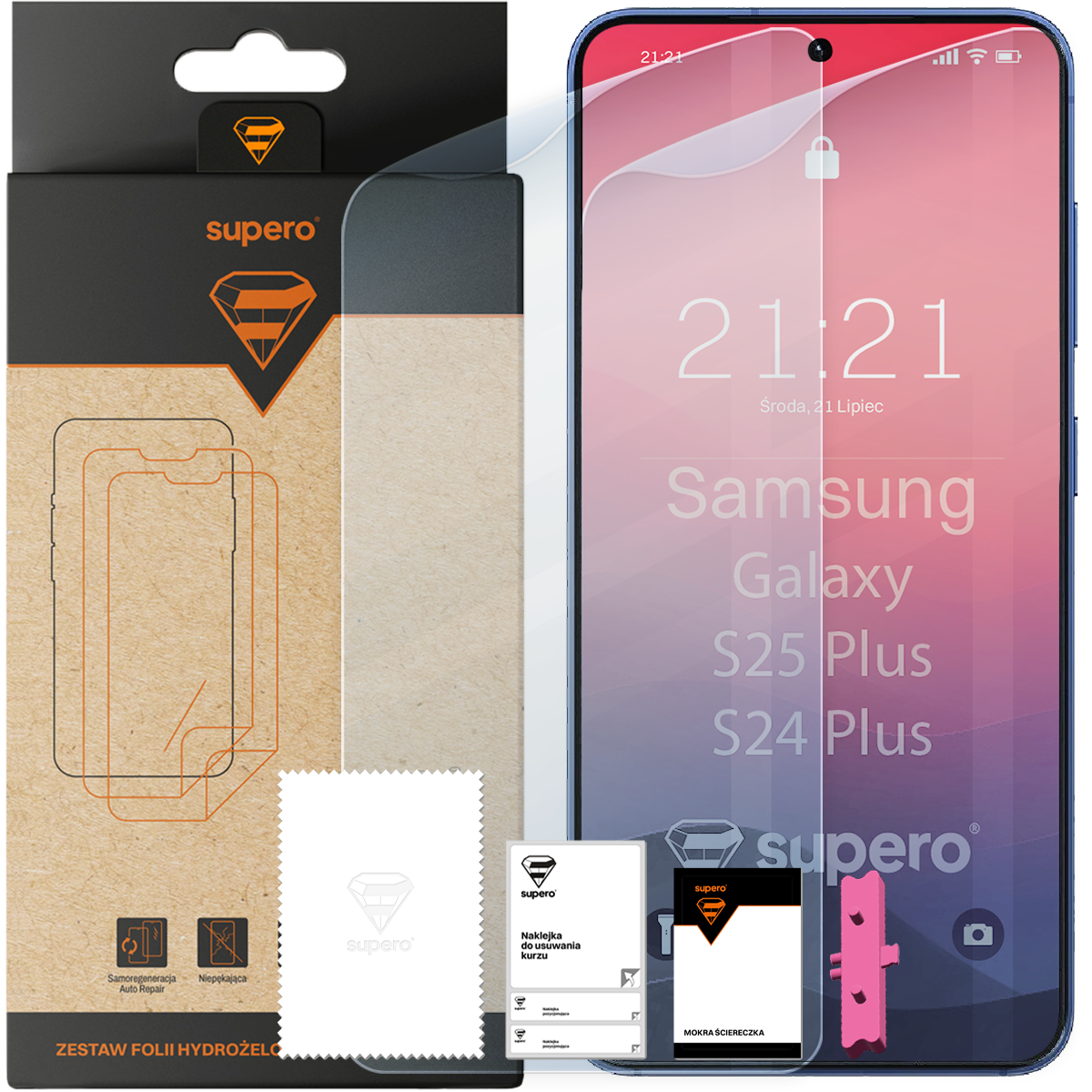 Na obrazie widoczna jest folia hydrożelowa na ekran telefonu z napisem \'Samsung Galaxy S25 Plus S24 Plus\'. Obok znajduje się opakowanie z logo \'supero\' oraz akcesoria do aplikacji folii.