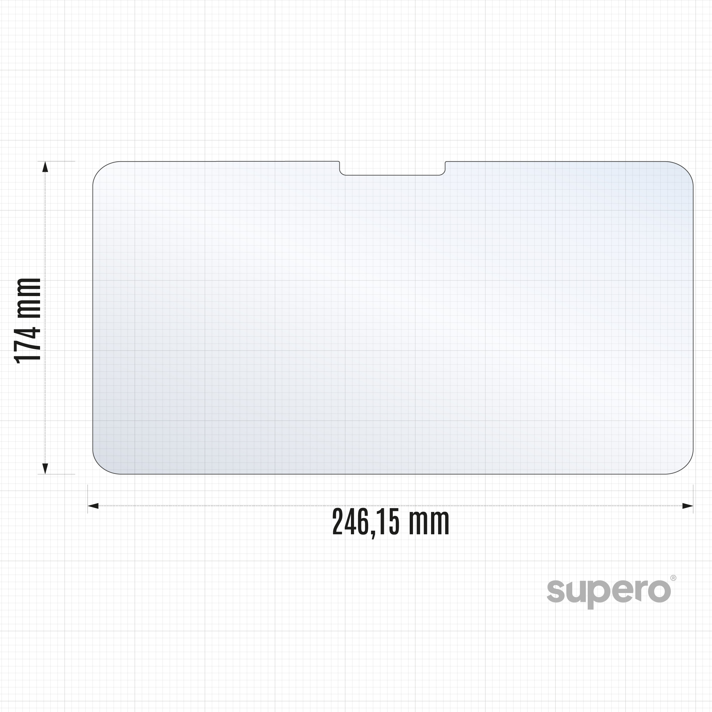 Obraz przedstawia szkło hartowane o wymiarach 246,15 mm na 174 mm z wycięciem na górze. W prawym dolnym rogu widoczne jest logo \'supero\'.