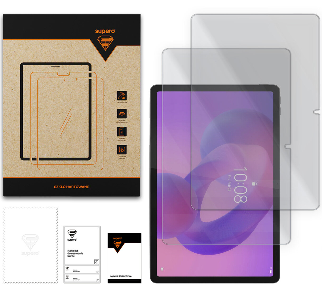 Na obrazie widoczne jest opakowanie szkła hartowanego Supero oraz dwa arkusze szkła nałożone na tablet. Obok znajdują się instrukcja, naklejka do usuwania kurzu i mokra ściereczka.