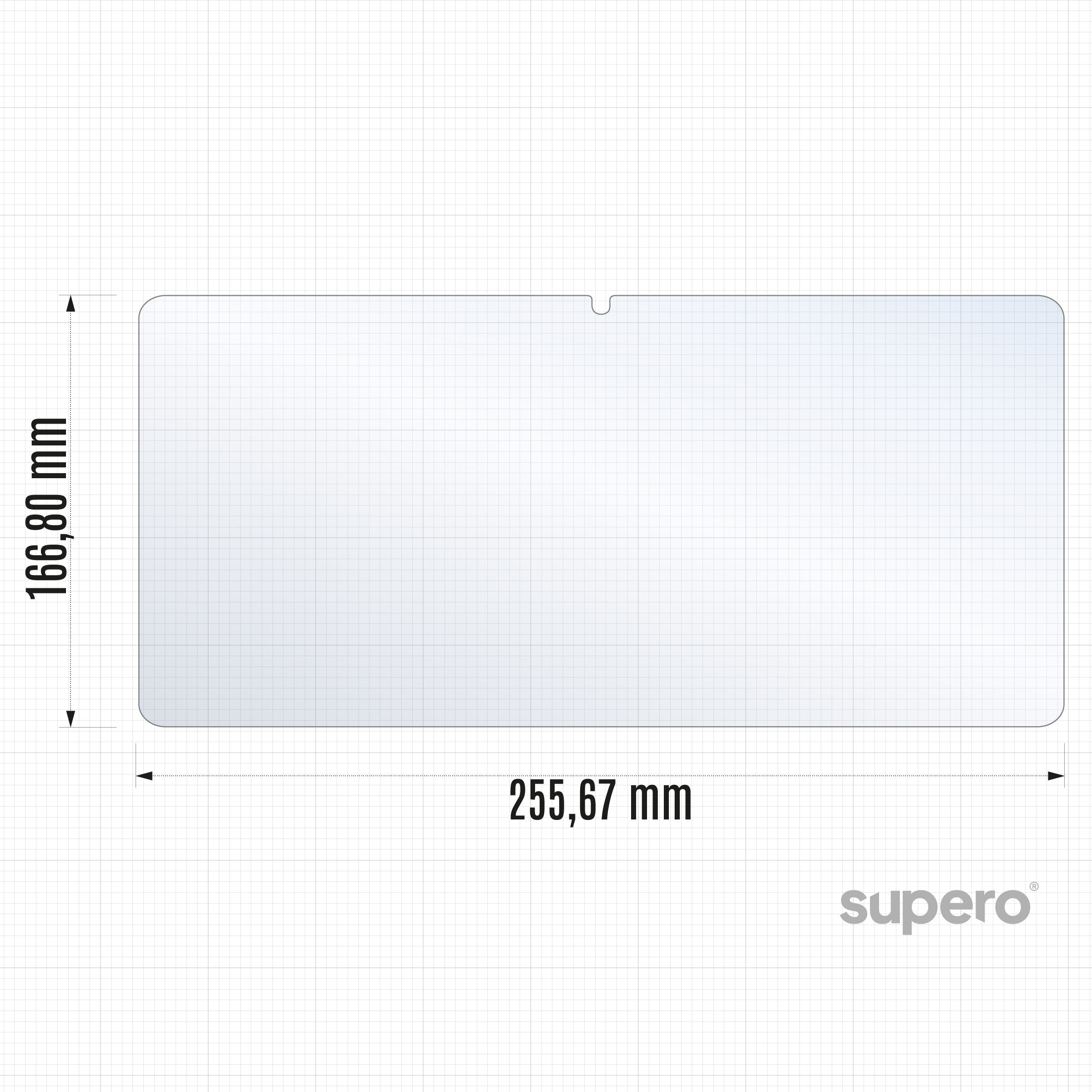 Obraz przedstawia szkło hartowane o wymiarach 166,80 mm na 255,67 mm z logo \'supero\' w prawym dolnym rogu.
