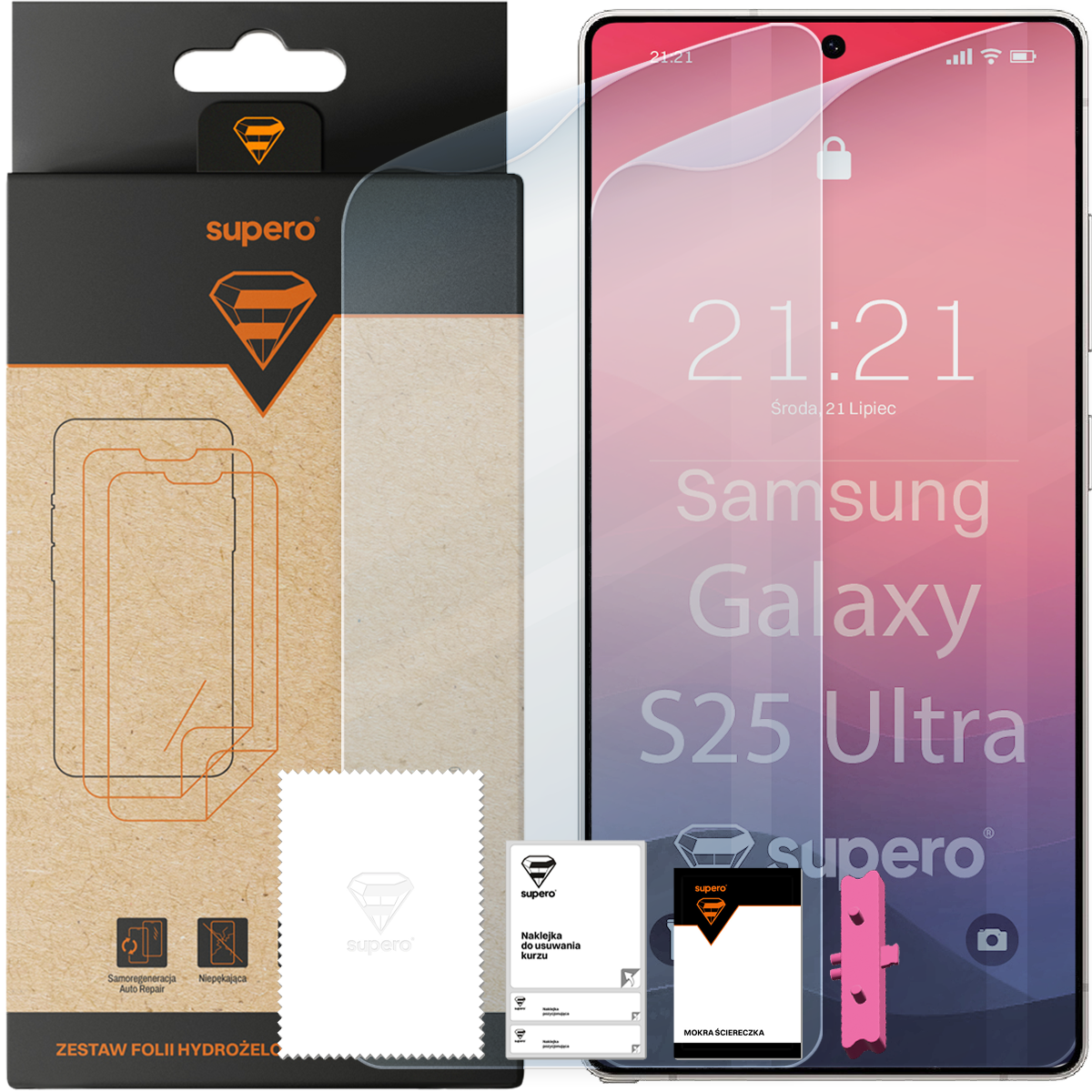 Na obrazie widoczny jest zestaw folii hydrożelowej Supero do Samsung Galaxy S25 Ultra, w skład którego wchodzi opakowanie, dwie folie, aplikator oraz ściereczka z logo Supero. Na ekranie telefonu widoczny jest tekst: \'21:21 Środa 21 Lipiec Samsung Galaxy S25 Ultra\'.