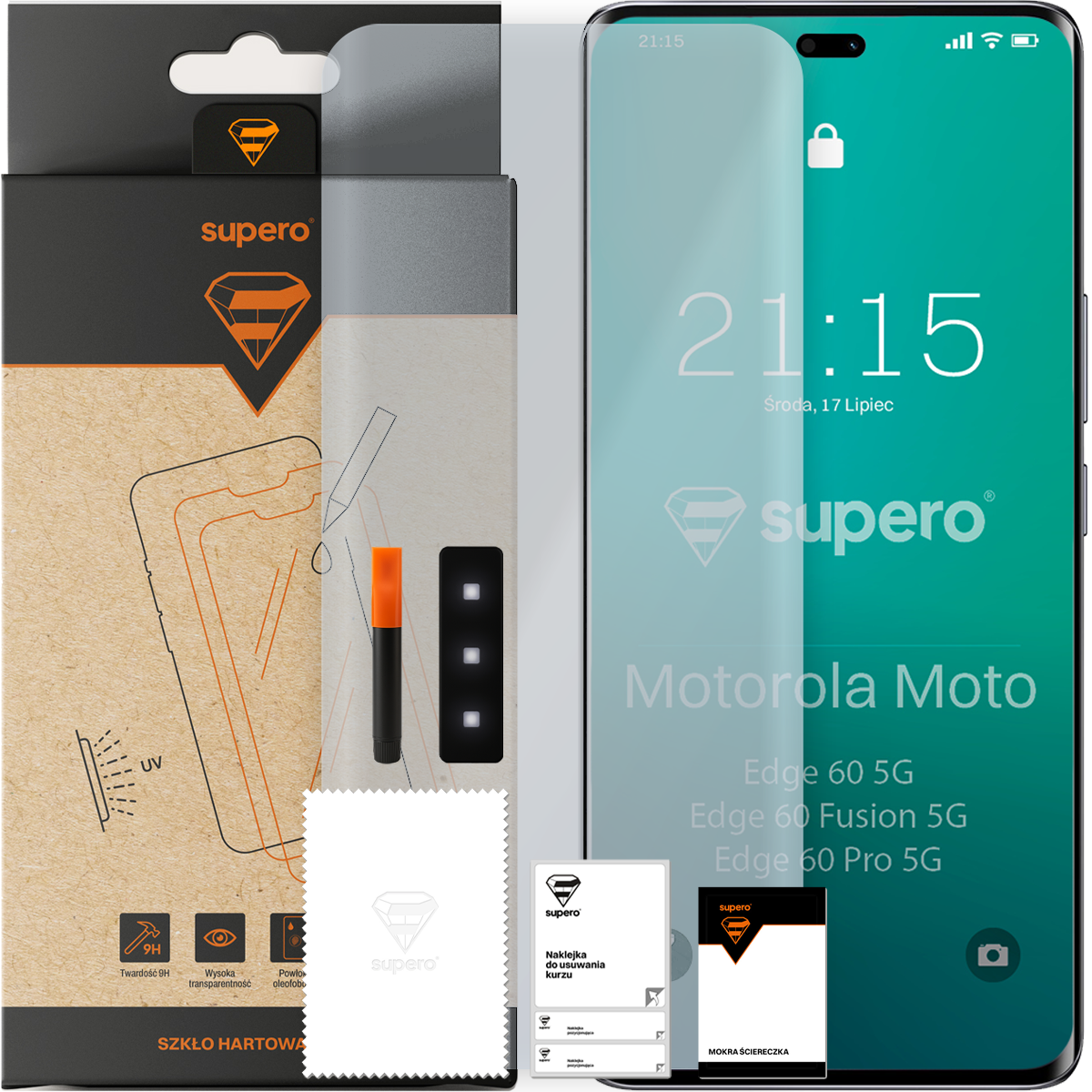 Na obrazie widoczny jest zestaw szkła hartowanego UV marki supero, przeznaczonego do modeli Motorola Moto Edge 60/Fusion/Pro 5G. W skład zestawu wchodzi opakowanie, szkło, aplikator, ściereczka oraz naklejka do usuwania kurzu.