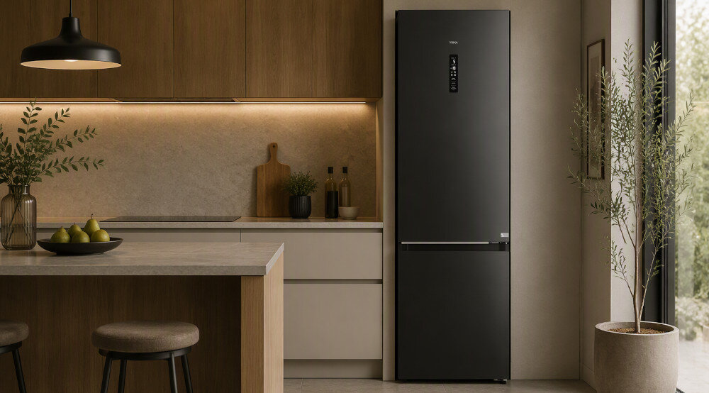 LODÓWKA TEKA RBF 88680 DSS Lodówka Teka ustawiona w zabudowie kuchennej z drewnianymi frontami. Smukła konstrukcja i zewnętrzny panel sterowania podkreślają elegancki wygląd urządzenia