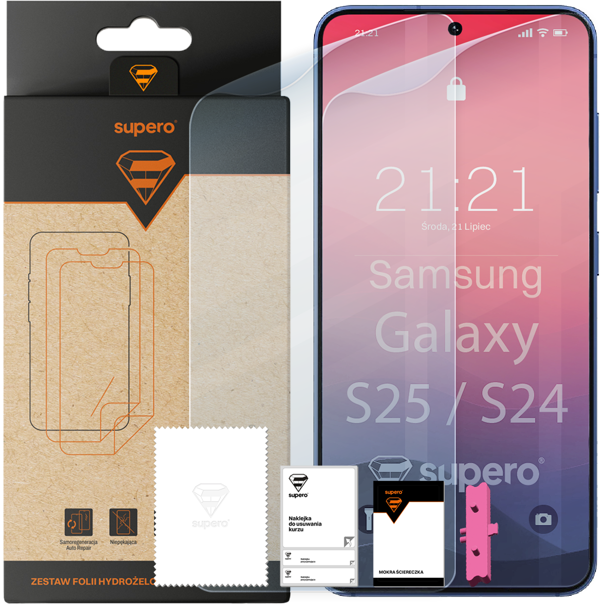 Na obrazie widoczna jest folia hydrożelowa na ekran Supero do Samsung Galaxy S25/S24 wraz z aplikatorem i dwoma sztukami folii. Opakowanie zawiera logo Supero oraz teksty: \'Zestaw folii hydrożelowej\', \'Samoregeneracja Auto Repair\', \'Niepękająca\'.