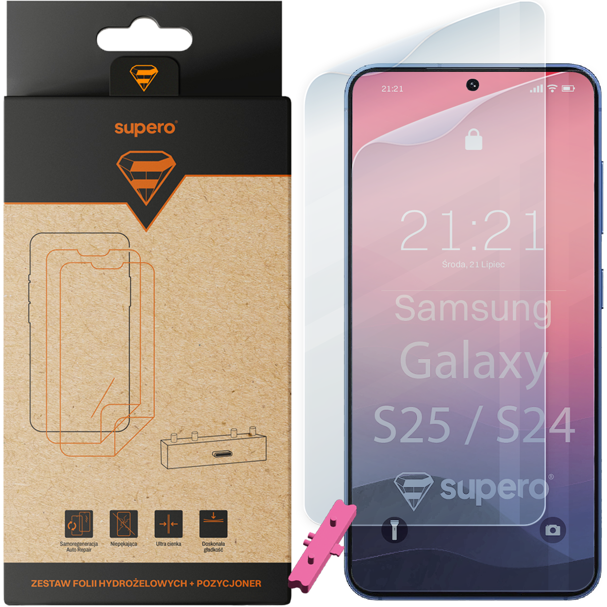 Opakowanie z napisem \'supero\' zawiera zestaw folii hydrożelowych i pozycjoner. Obok znajduje się telefon z nałożoną folią, na ekranie widoczny jest napis \'Samsung Galaxy S25/S24\'.