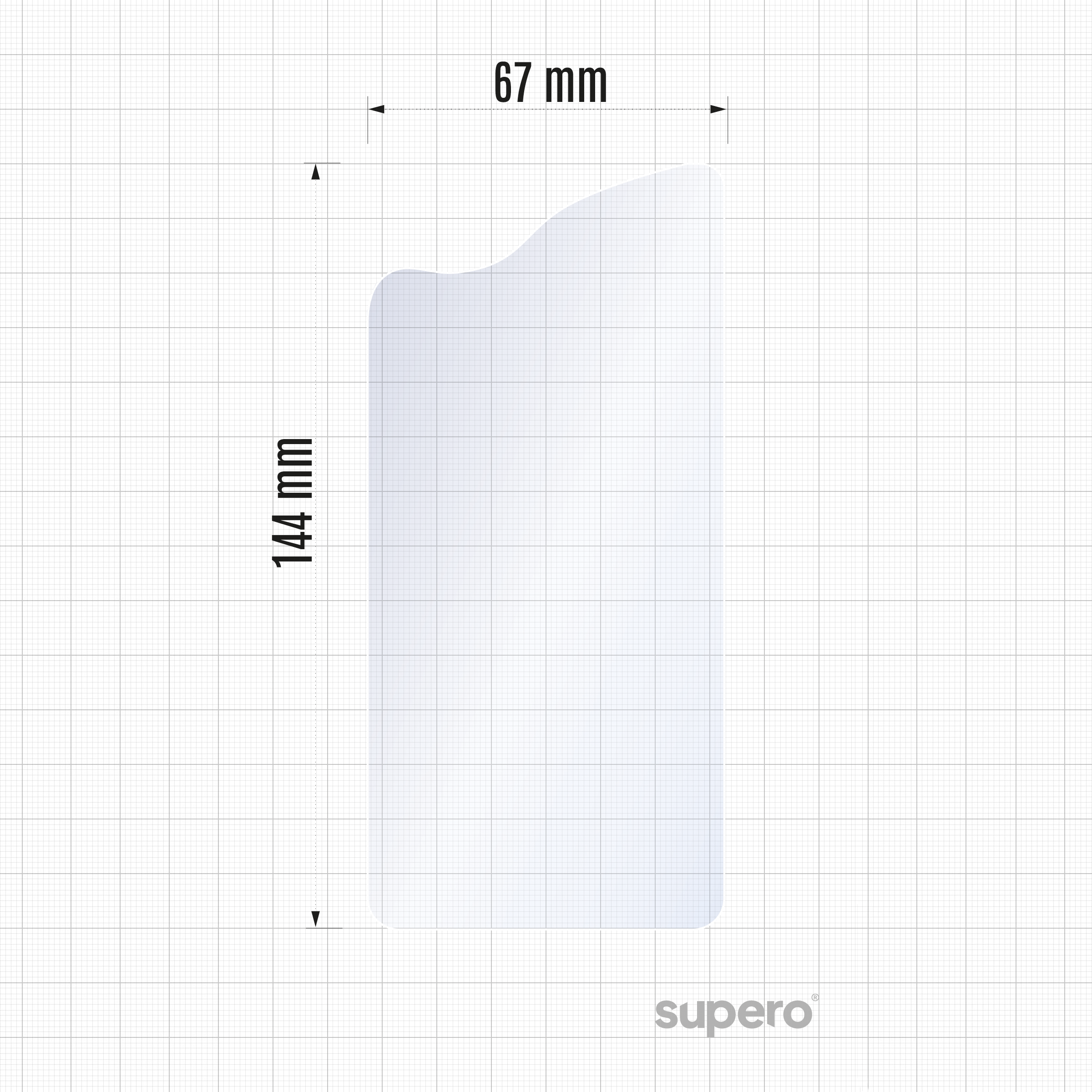 Obraz przedstawia przezroczystą folię o wymiarach 72,10 mm na 157,9 mm na tle siatki. W prawym dolnym rogu widoczne jest logo \'supero\'.