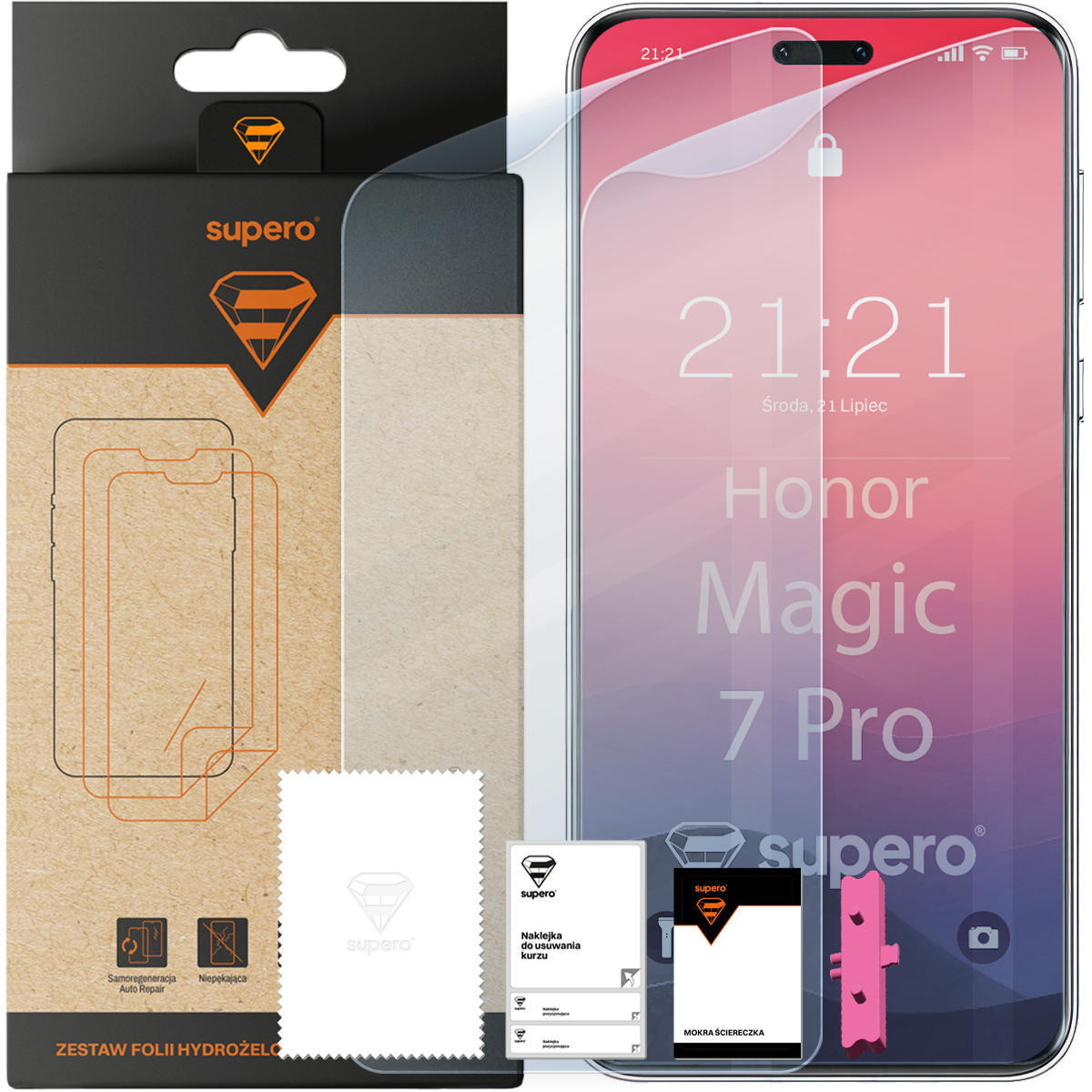 Na obrazie widoczna jest folia hydrożelowa na wyświetlacz Supero do Honor Magic 7 Pro wraz z opakowaniem, ściereczką i aplikatorem. Na ekranie telefonu wyświetla się godzina 21:21 oraz data Środa, 21 Lipiec.