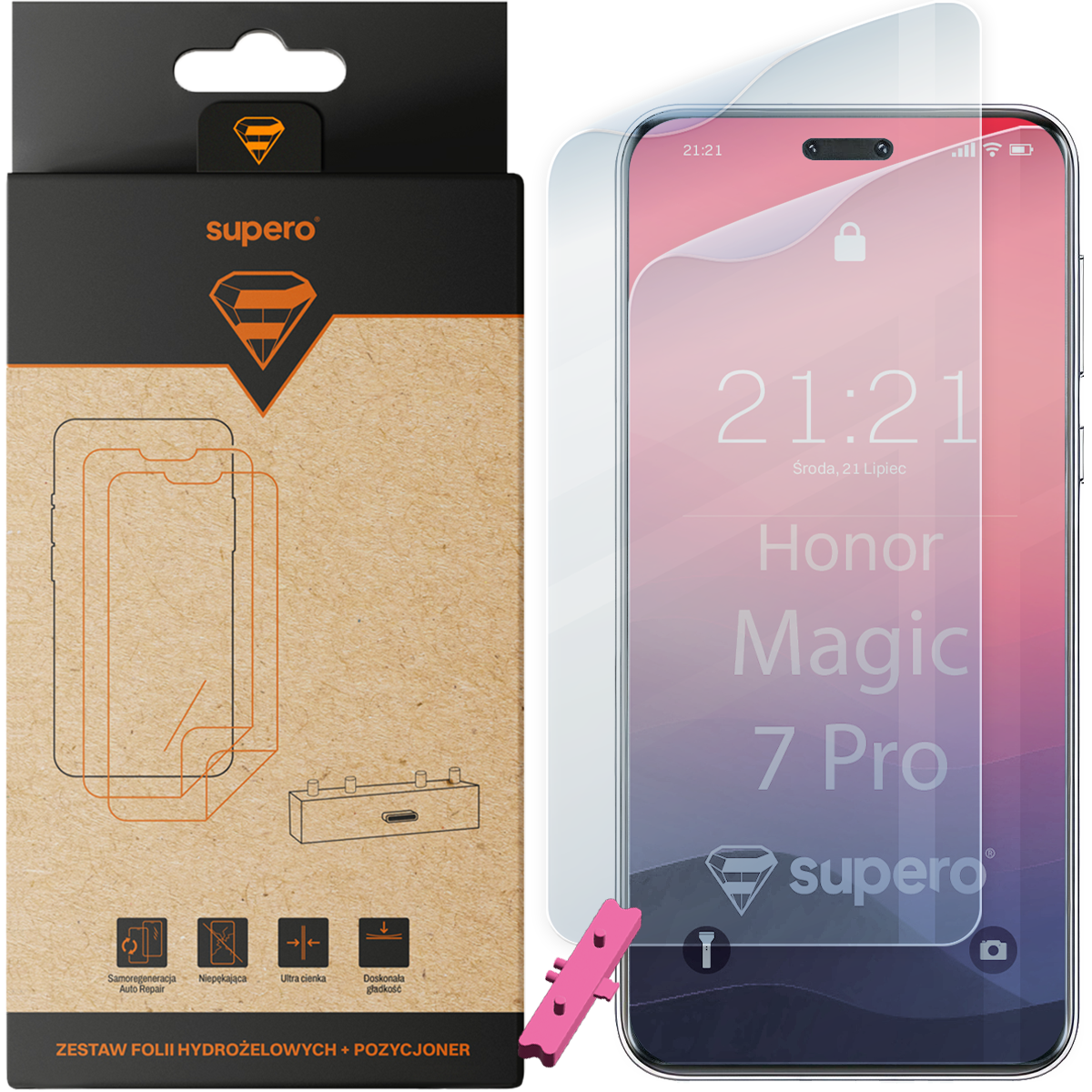 Opakowanie z napisem \'supero\' zawiera zestaw folii hydrożelowych i pozycjoner. Obok znajduje się telefon z nałożoną folią, na ekranie widoczny jest napis \'Honor Magic 7 Pro\' oraz godzina 21:21, środa, 21 lipiec.