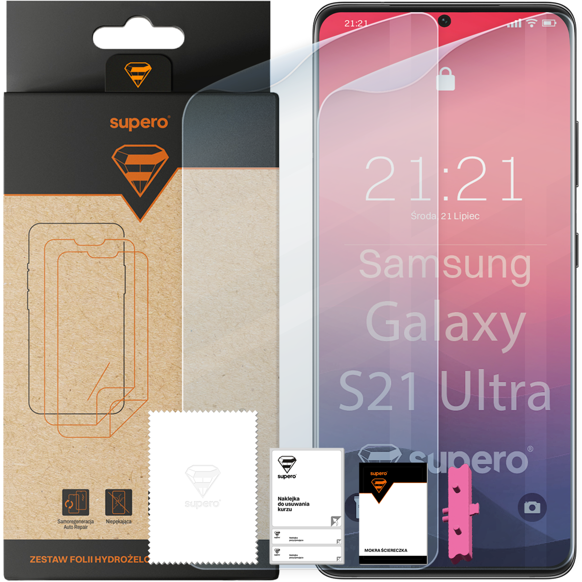 Na obrazie widoczna jest folia hydrożelowa na ekran Supero do Samsung Galaxy S21 Ultra wraz z aplikatorem i dwoma sztukami folii. Opakowanie zawiera logo Supero oraz teksty: \'Zestaw folii hydrożelowej\', \'Samoregeneracja Auto Repair\', \'Niepękająca\'.