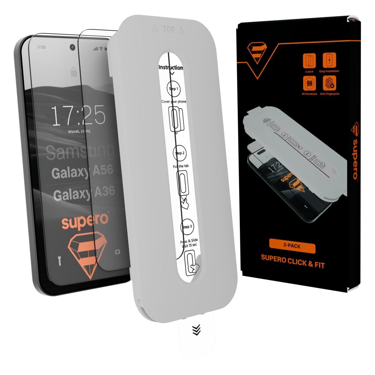 Obraz przedstawia szkło hartowane do telefonów Samsung Galaxy A56 i A36 z aplikatorem oraz opakowanie z logo \'supero\'. Na ekranie telefonu widoczny jest tekst: \'Samsung Galaxy A56 Galaxy A36 supero\'.