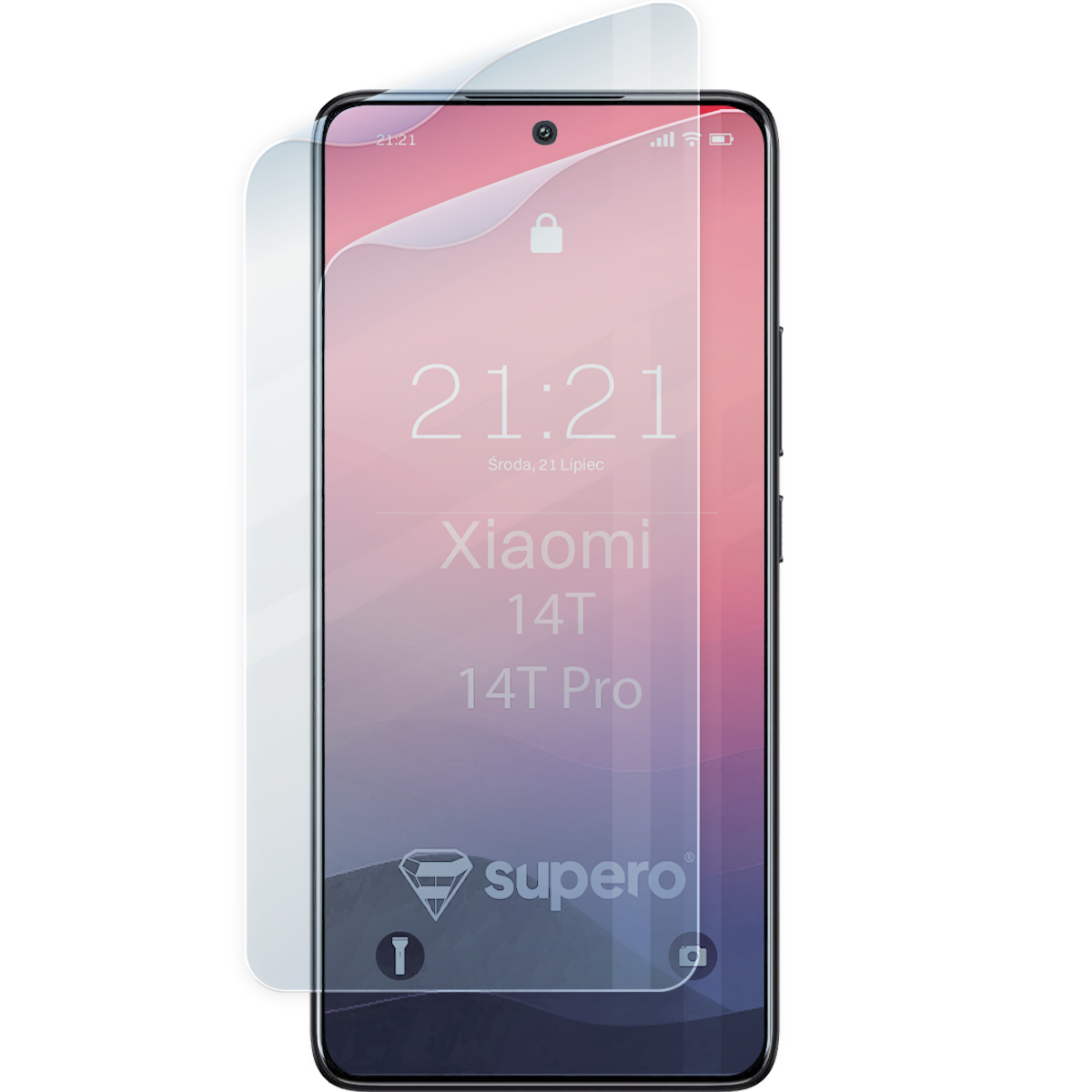 Obraz przedstawia telefon z nałożoną folią hydrożelową na wyświetlacz. Na ekranie widoczny jest tekst: \'21:21, Środa, 21 Lipiec, Xiaomi 14T 14T Pro\' oraz logo \'supero\'.