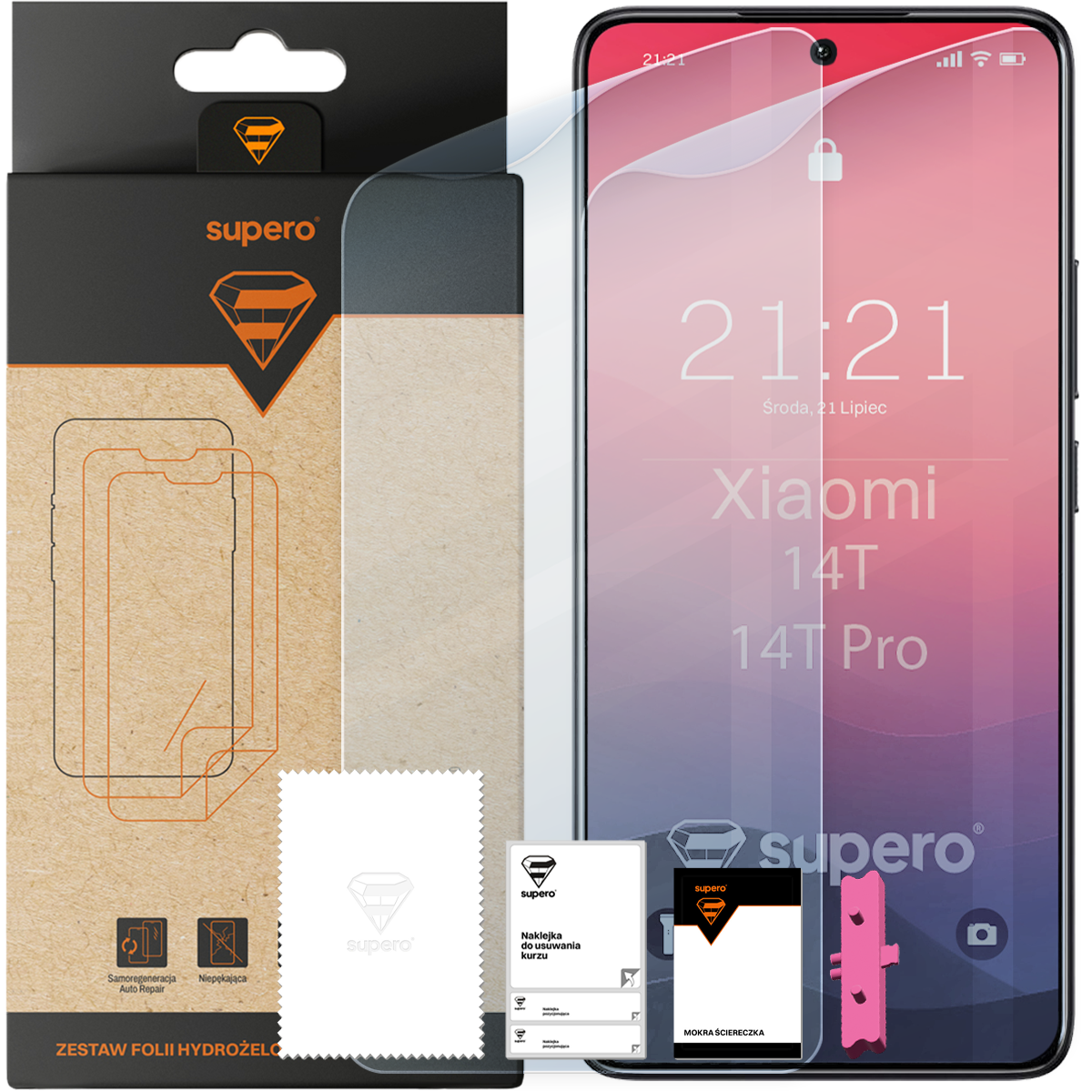 Na obrazie widoczna jest folia hydrożelowa na wyświetlacz Supero do Xiaomi 14T/14T Pro wraz z aplikatorem i dwoma sztukami folii. Opakowanie zawiera logo Supero oraz napisy: \'Samoregeneracja Auto Repair\' i \'Niepękająca\'.