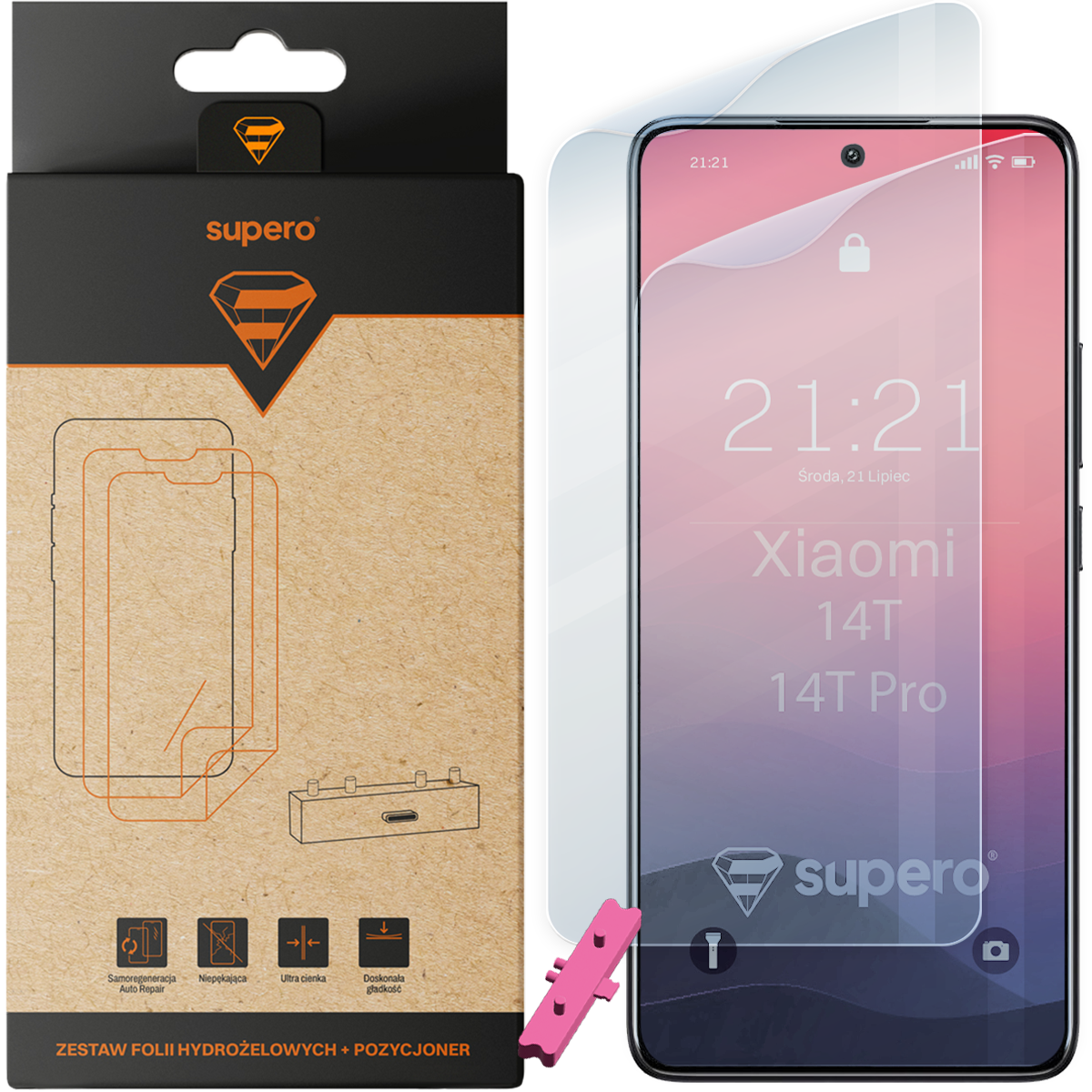 Opakowanie z napisem \'supero\' zawiera zestaw folii hydrożelowych i pozycjoner. Obok znajduje się telefon z nałożoną folią, na ekranie widoczny jest napis \'Xiaomi 14T 14T Pro\'.