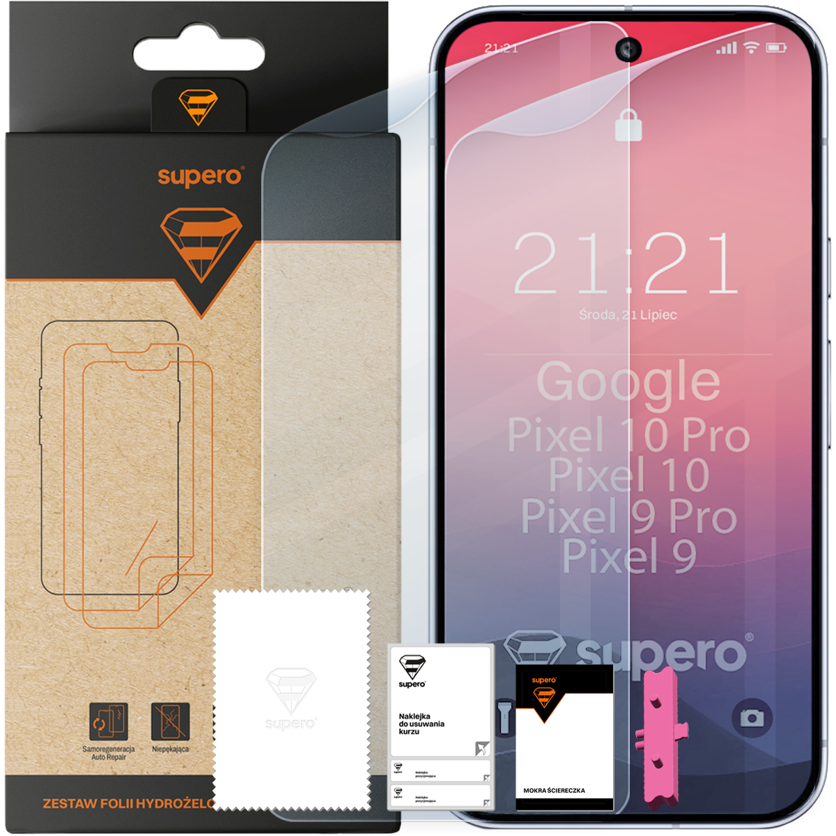 Na obrazie widoczna jest folia hydrożelowa Supero do telefonów Google Pixel 10 Pro/10/9/9 Pro wraz z aplikatorem i dwoma sztukami folii. Opakowanie zawiera logo Supero oraz tekst: \'Zestaw folii hydrożelowej\'.