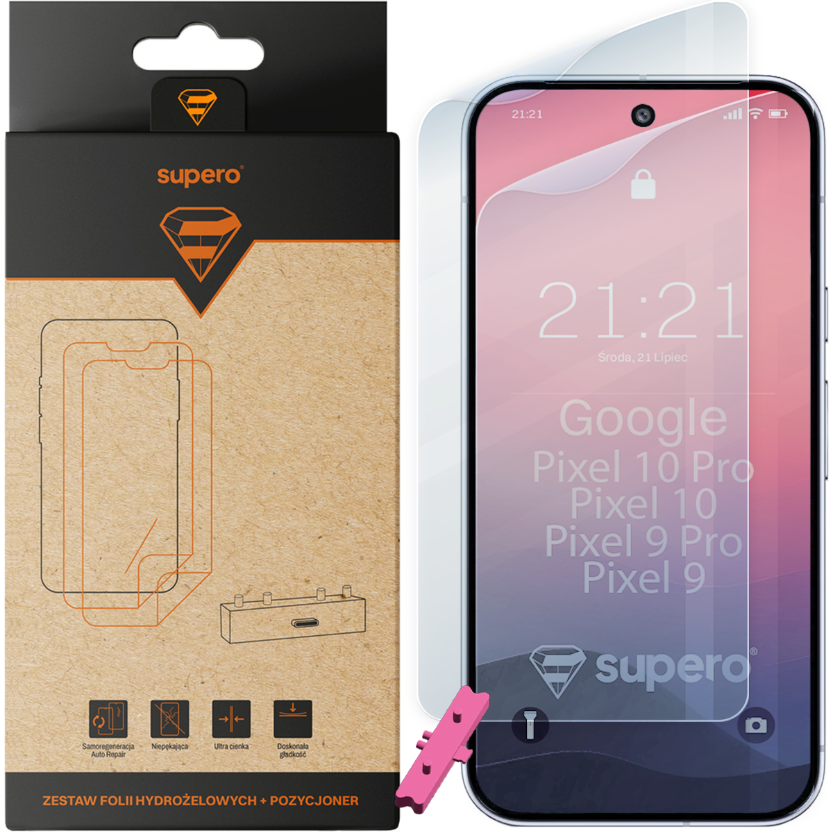 Opakowanie z napisem \'supero\' i grafiką folii ochronnej obok telefonu z nałożoną folią. Na ekranie telefonu widoczny jest tekst: \'Google Pixel 10 Pro, Pixel 10, Pixel 9 Pro, Pixel 9\'.