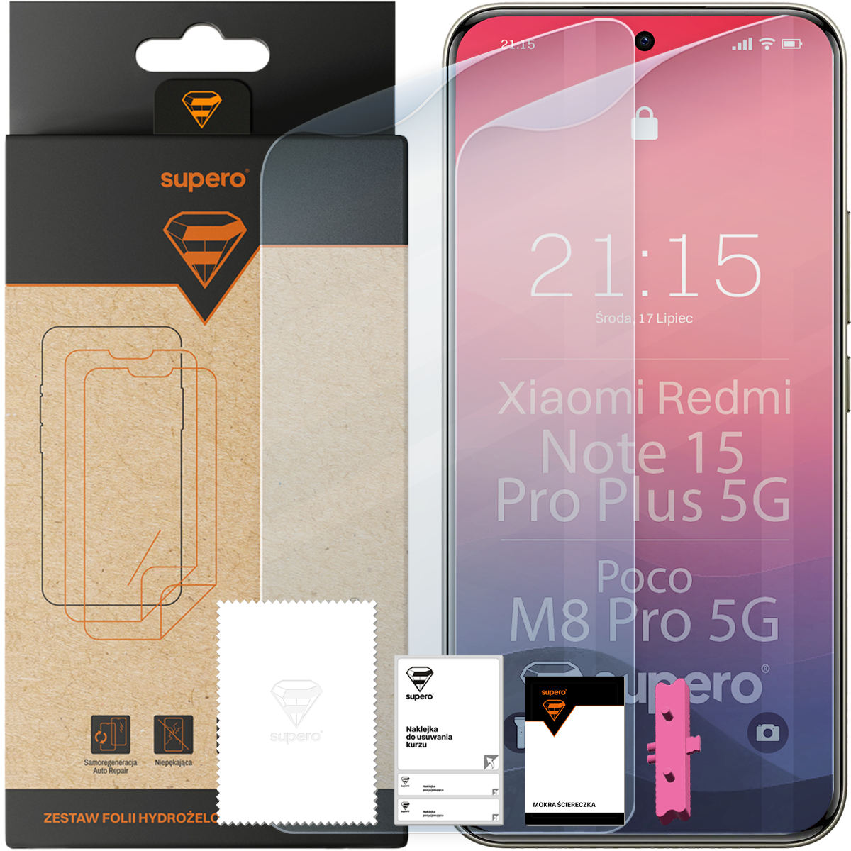Na obrazie widoczna jest folia hydrożelowa na ekran telefonu z opakowaniem marki supero. Na ekranie telefonu wyświetlany jest tekst: \'21:15, Środa, 17 Lipiec, Xiaomi Redmi Note 15 Pro Plus 5G, Poco M8 Pro 5G\'.