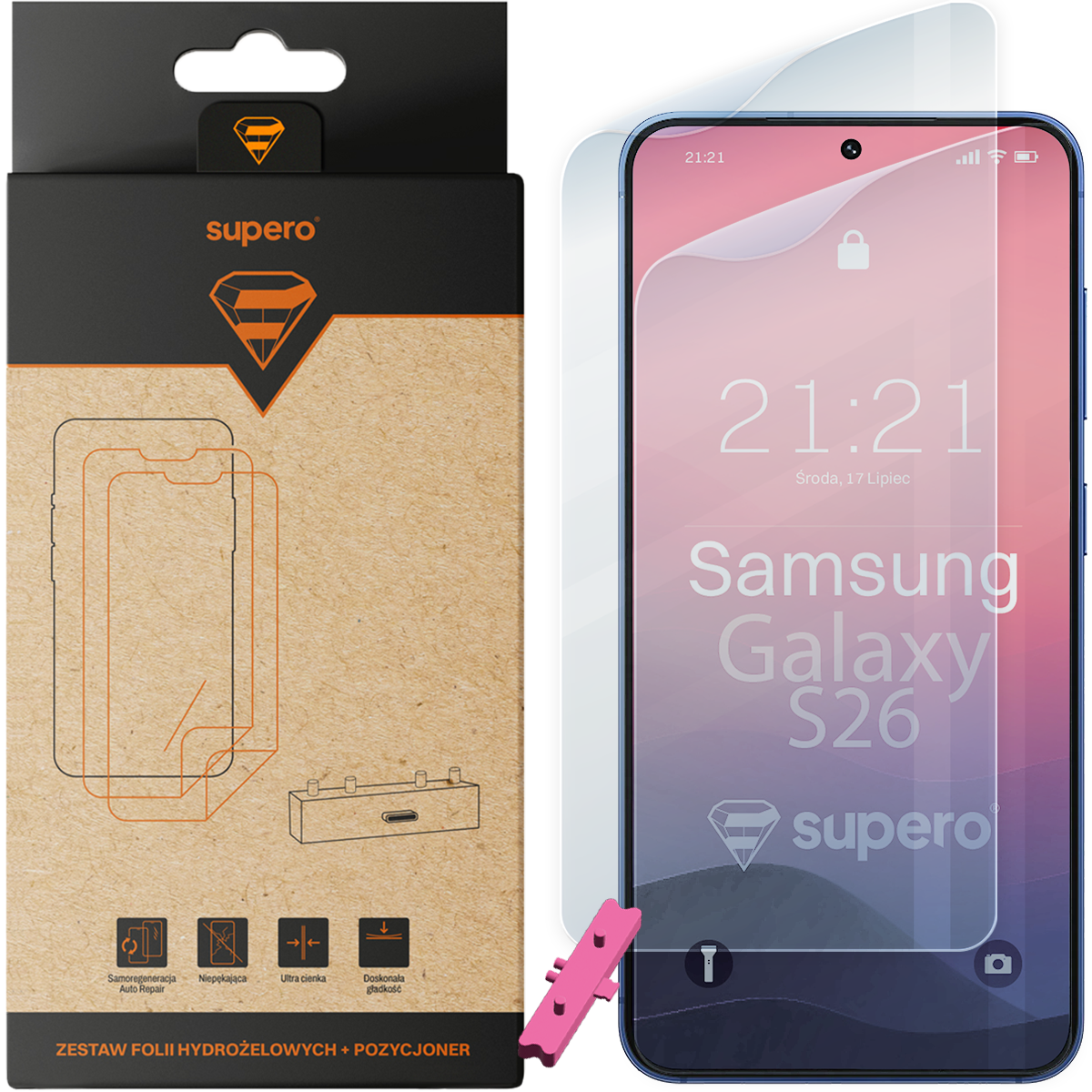 Opakowanie z napisem \'supero\' i grafiką folii ochronnej obok telefonu z nałożoną folią, na ekranie widoczny tekst \'Samsung Galaxy S26\'.