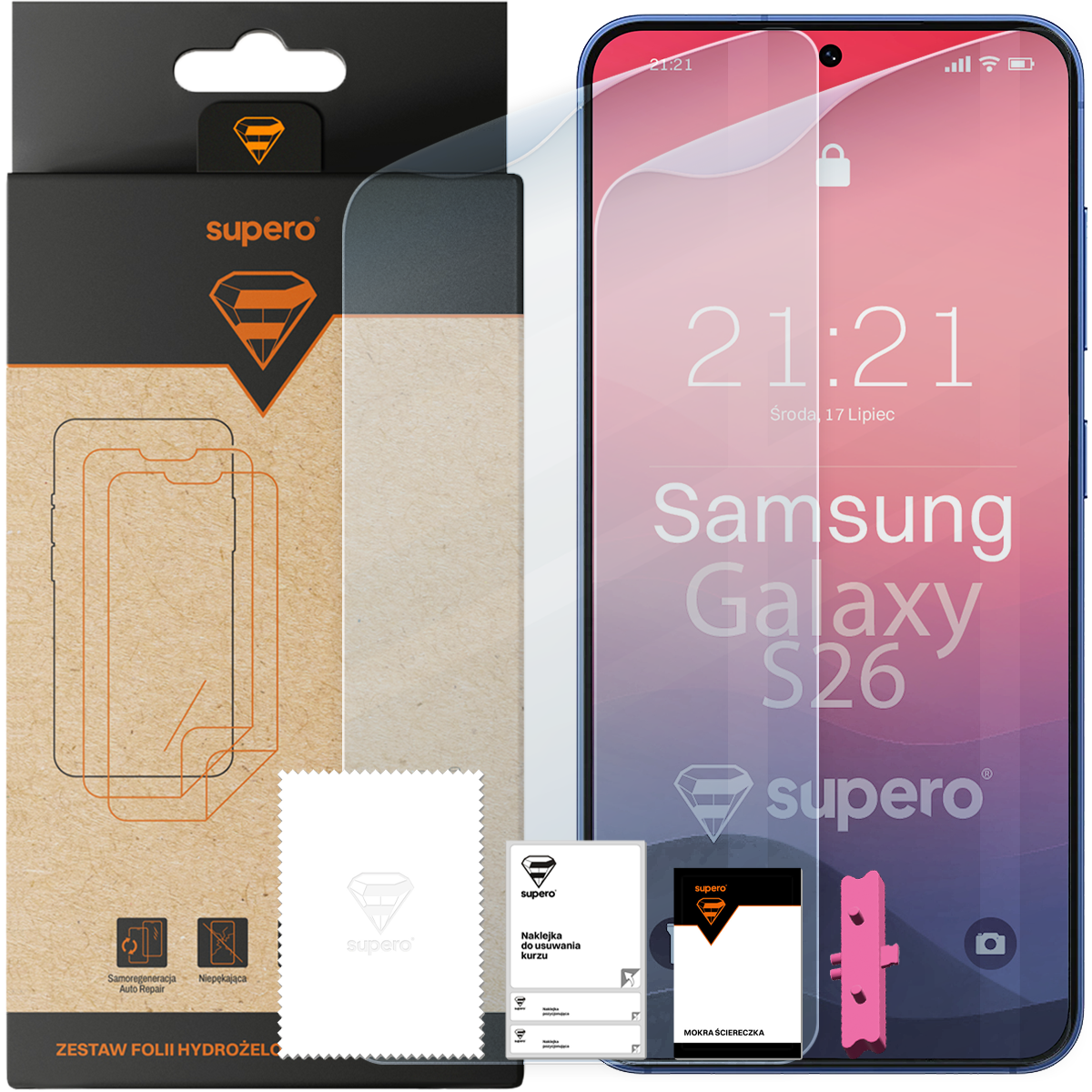Na obrazie widoczny jest zestaw folii hydrożelowej do telefonu Samsung Galaxy S26 marki Supero, w skład którego wchodzi opakowanie, dwie folie, ściereczka oraz naklejka do usuwania kurzu. Na ekranie telefonu widoczny jest tekst: \'21:21 Środa, 17 Lipiec Samsung Galaxy S26 supero\'.